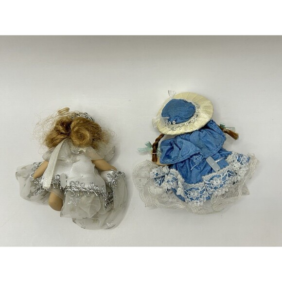 Miniature Porcelain Jointed Dolls w White Silver Star & Blue Dress 2.5" Lot of 2 - Picture 5 of 10